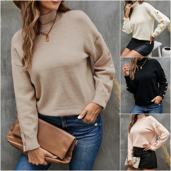 Button Top Solid Color Mock Neck Sweater